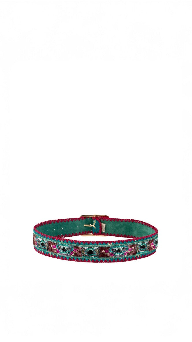 Handgefertigter Gürtel Pink Gold Ikat-Design mit türkisfarbener Ziernaht und goldfarbener Schnalle