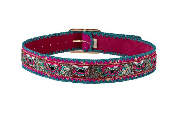 Handgefertigter Gürtel Pink Gold Ikat-Design mit türkisfarbener Ziernaht und goldfarbener Schnalle