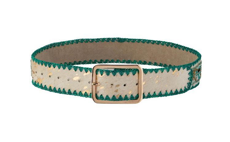 Handgefertigter Gürtel Pink Gold Ikat-Design mit türkisfarbener Ziernaht und goldfarbener Schnalle