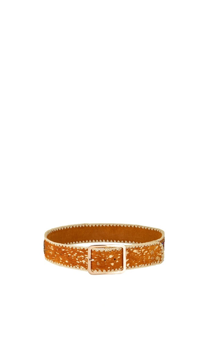 Handgefertigter Gürtel Pink Gold Ikat-Design mit türkisfarbener Ziernaht und goldfarbener Schnalle