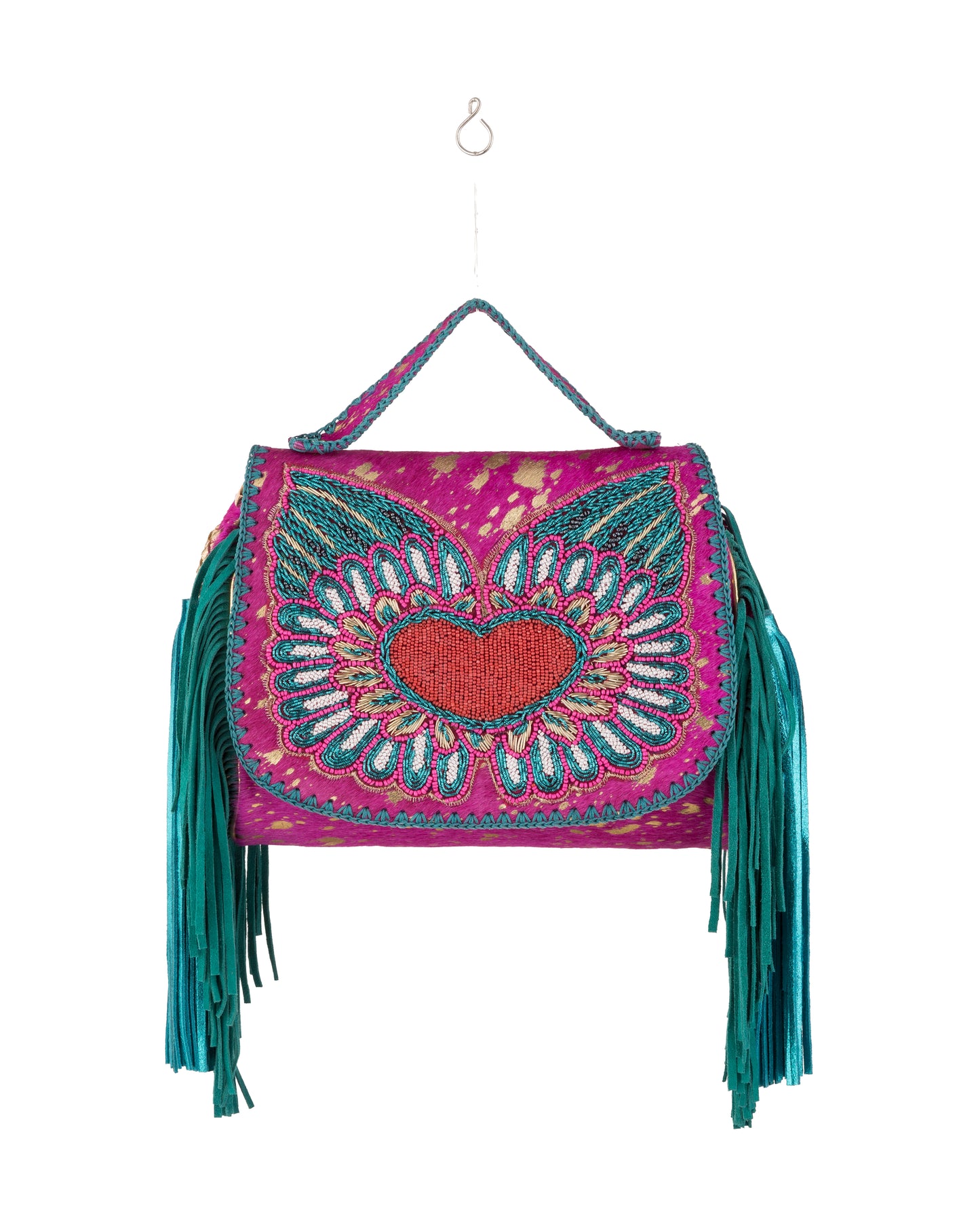 Bunte Umhängetasche mit Herz-Stickerei, Fransen & Boho-Design - Taschen