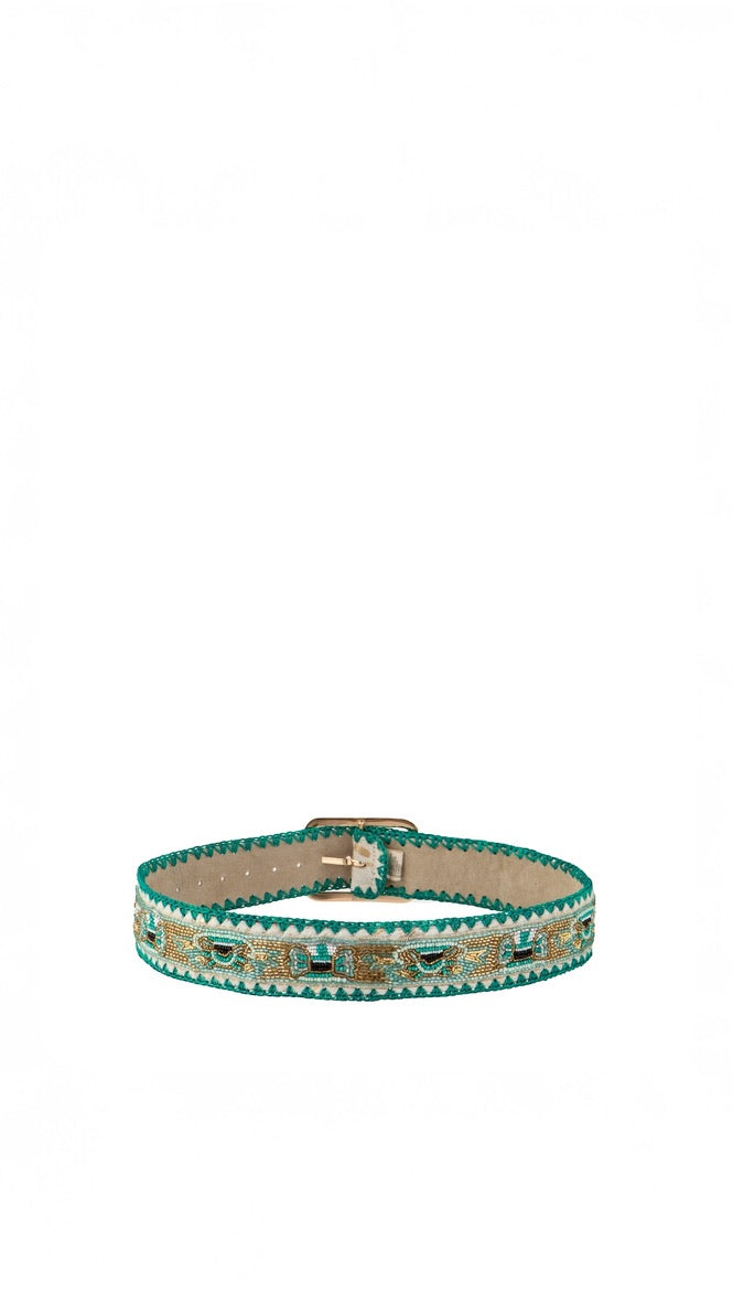 Handgefertigter Gürtel Pink Gold Ikat-Design mit türkisfarbener Ziernaht und goldfarbener Schnalle