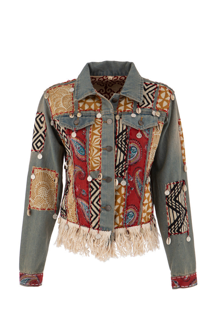 Boho Denim Jacke mit Patchwork und Fransen