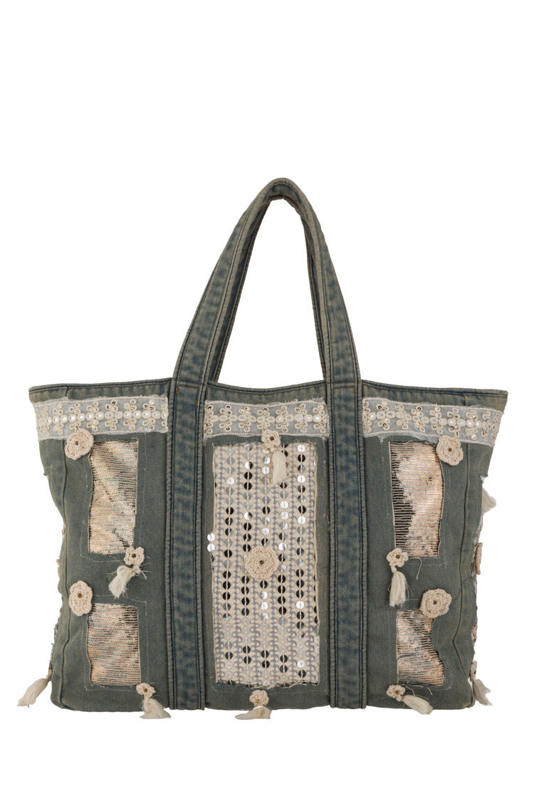 Boho Denim Tote Bag mit Pailletten und Häkelblumen – Große Jeans Shopper Tasche mit Quasten - Taschen