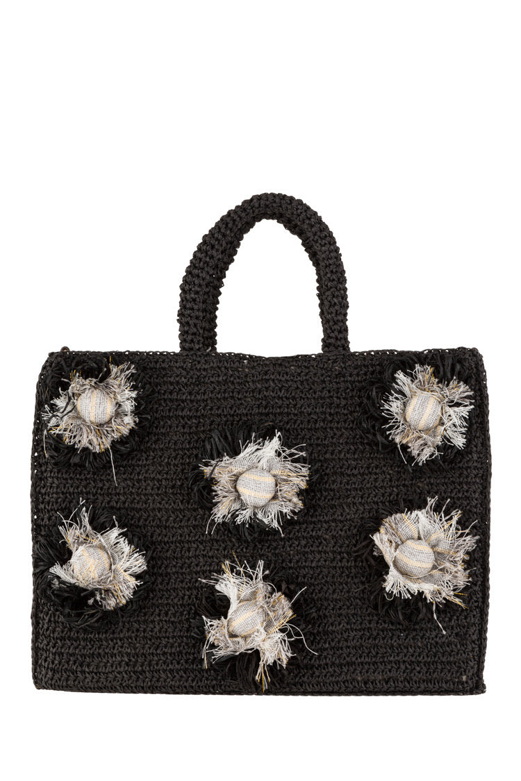 Schwarze gehäkelte Handtasche mit dekorativen Blüten-Applikationen - Taschen