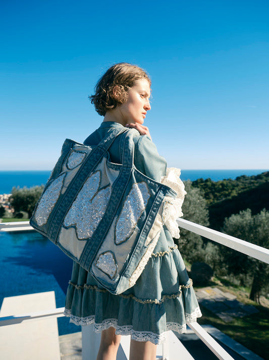 Boho Tote Bag aus Denim mit aufwendigen Perlenstickereien – Große Shopper Tasche mit orientalischen Applikationen - Taschen