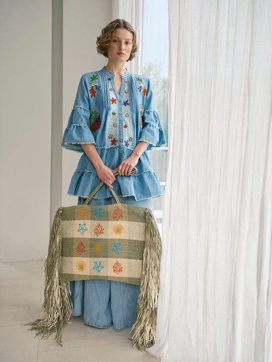 Boho Denim Tunika mit bunter Perlenstickerei und Volantärmeln - Tunika