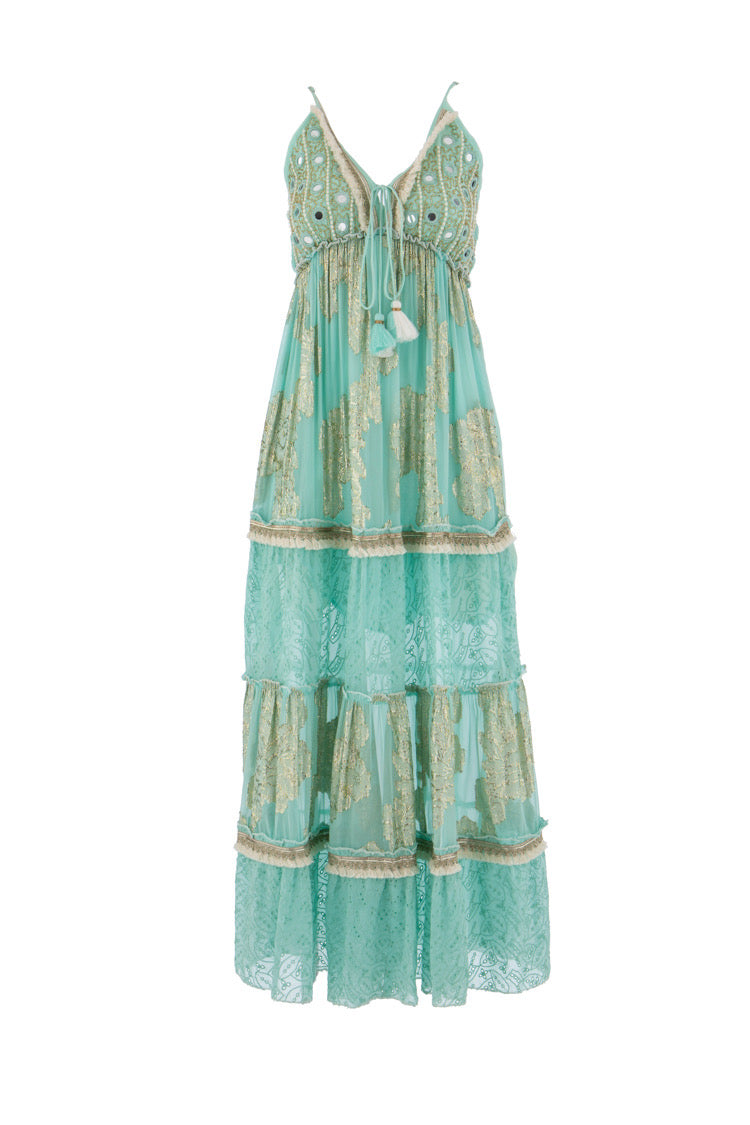 Türkisfarbenes Maxikleid mit goldenen Stickereien und Spiegel-Details - Kleid
