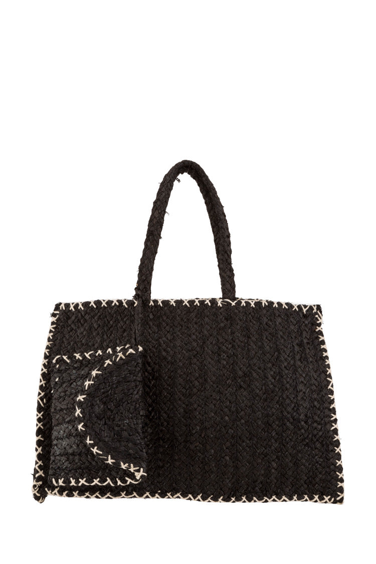 Schwarze geflochtene Strohtasche mit passender Clutch - Taschen