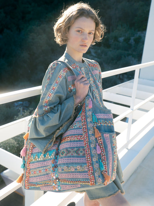 Boho Schultertasche mit bunten Pailletten, Stickereien und Quasten – Ethno Hobo Bag - Taschen