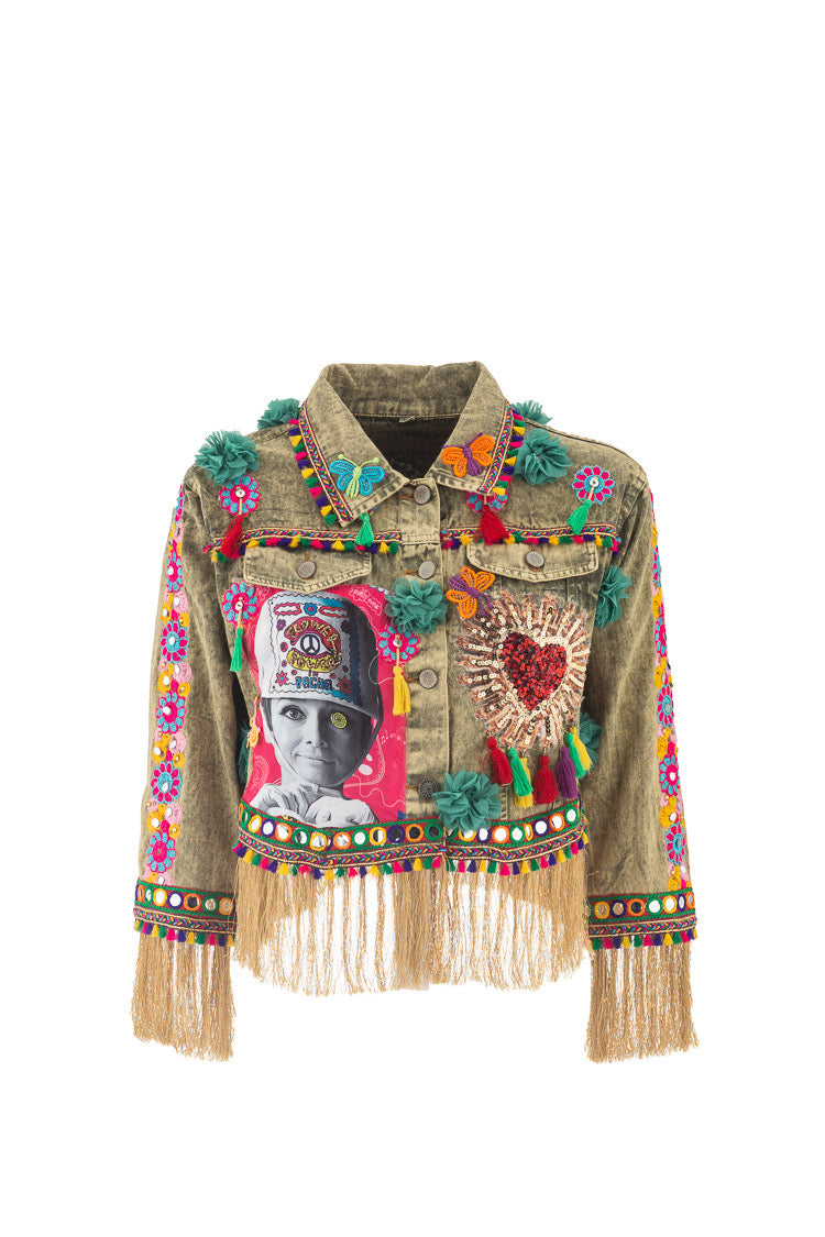 Boho Jeansjacke im Ethno-Style mit bunten Applikationen, Fransen und Stickereien