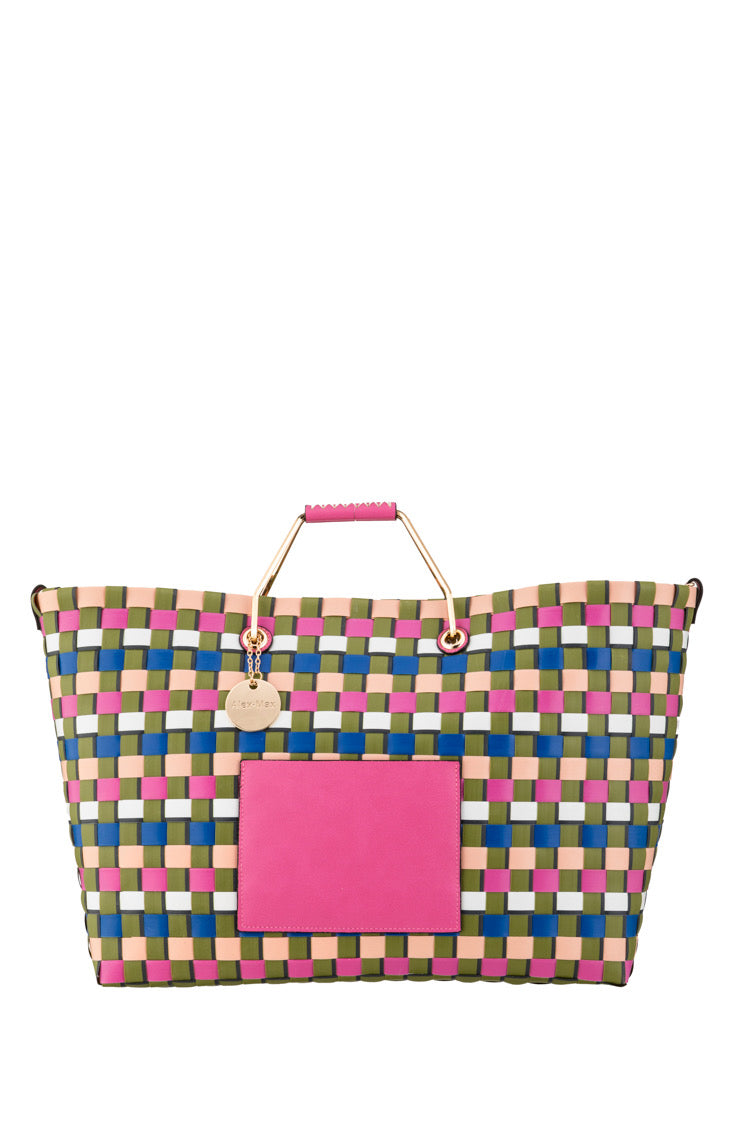 Große bunte Shopper-Tasche im Flecht-Design mit pinkem Frontfach - Taschen
