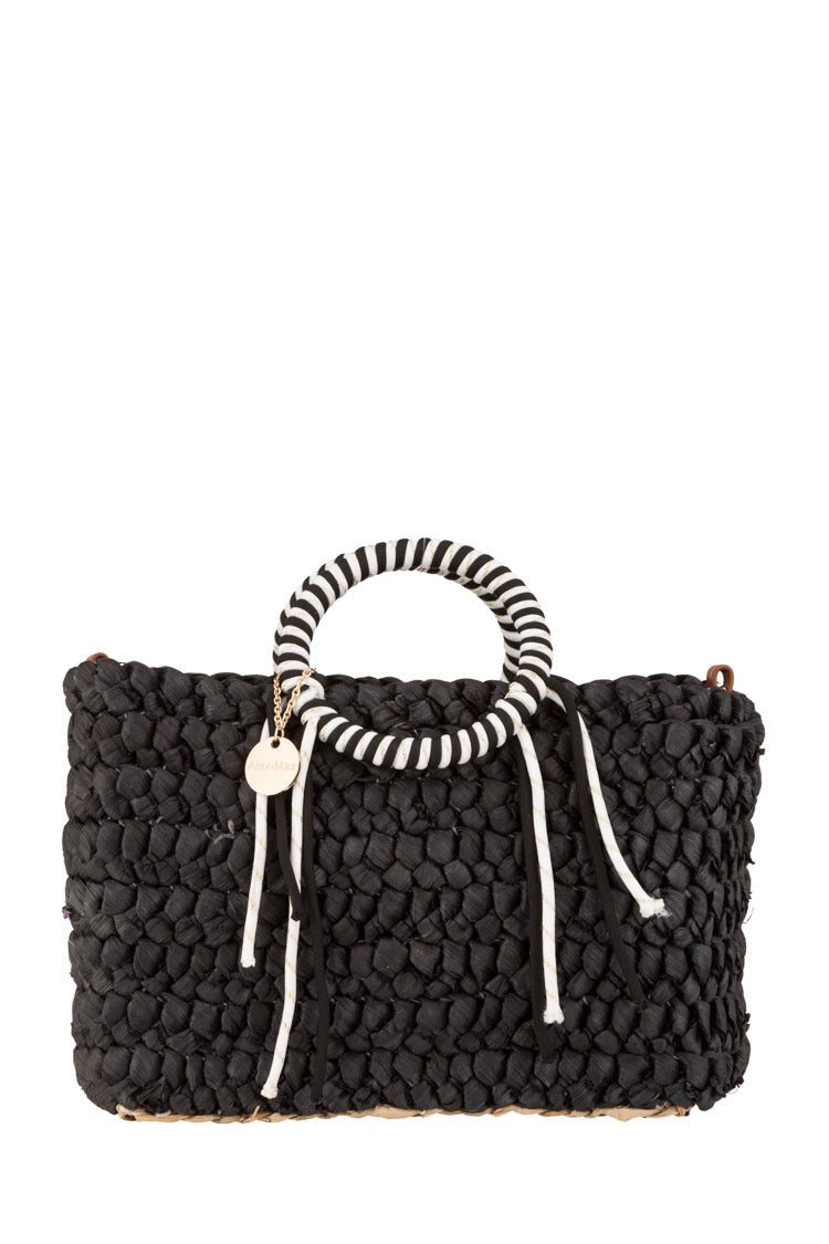 Geflochtene Shopper Bag Braun mit runden Griffen und orangefarbenen Details - Taschen