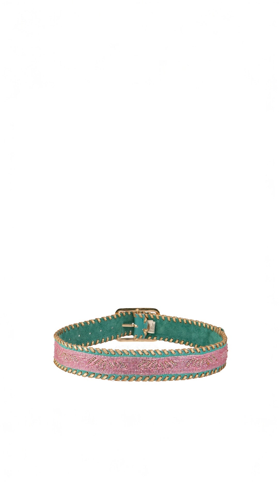 Handgefertigter Gürtel Pink Gold Ikat-Design mit türkisfarbener Ziernaht und goldfarbener Schnalle