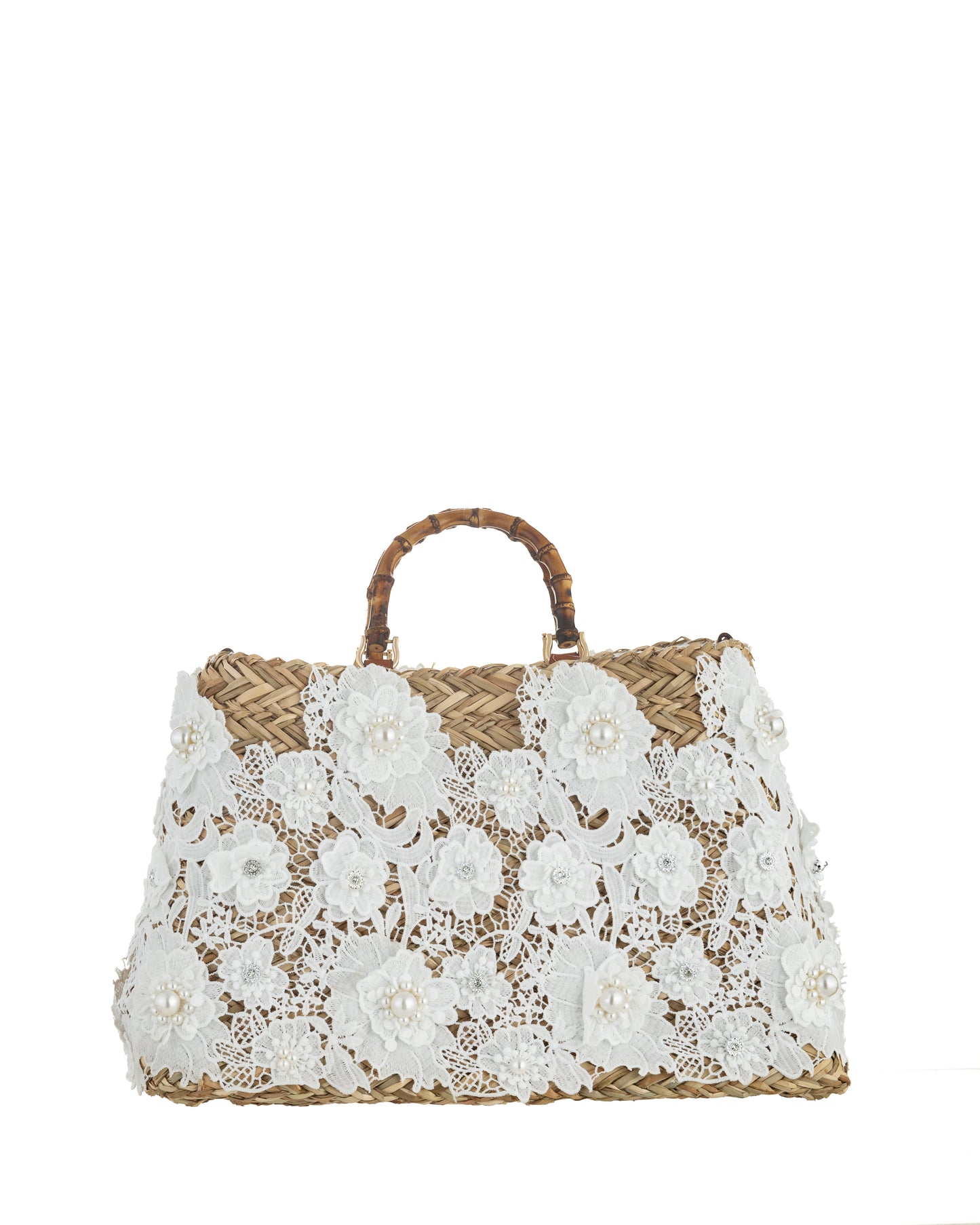 Elegante Korbtasche mit Spitzenapplikation und Perlen - Taschen