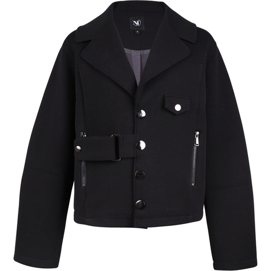 Schwarze Kurzjacke im Biker-Stil mit Reißverschlüssen & Schnallendetail - Jacke