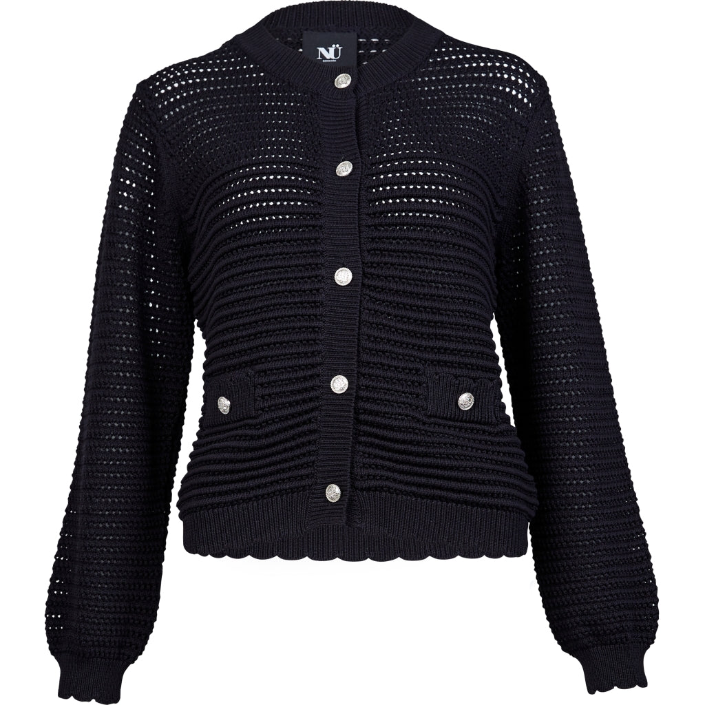 Elegante Strickjacke mit Häkelmuster und Zierknöpfen – Schwarz - Strickjacke