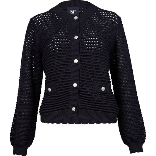 Elegante Strickjacke mit Häkelmuster und Zierknöpfen – Schwarz - Strickjacke