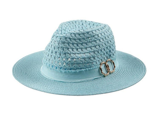 Damen Fedora Hut Hellblau – Sommerhut aus Stroh mit Zierband & Doppelring – Stylischer Strandhut & Sonnenhut