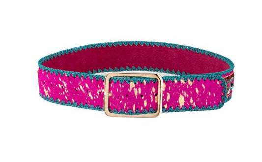 Handgefertigter Gürtel Pink Gold Ikat-Design mit türkisfarbener Ziernaht und goldfarbener Schnalle