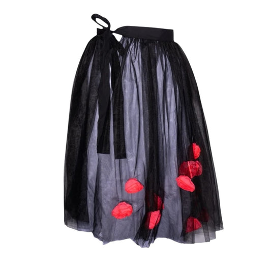 Tüllrock mit roten Blüten-Applikationen – Black Mesh Flower Skirt - Wickelrock