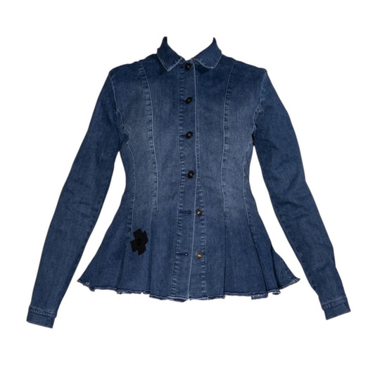Taillierte Jeansjacke mit ausgestelltem Saum und Applikation – Dunkelblau Blazer