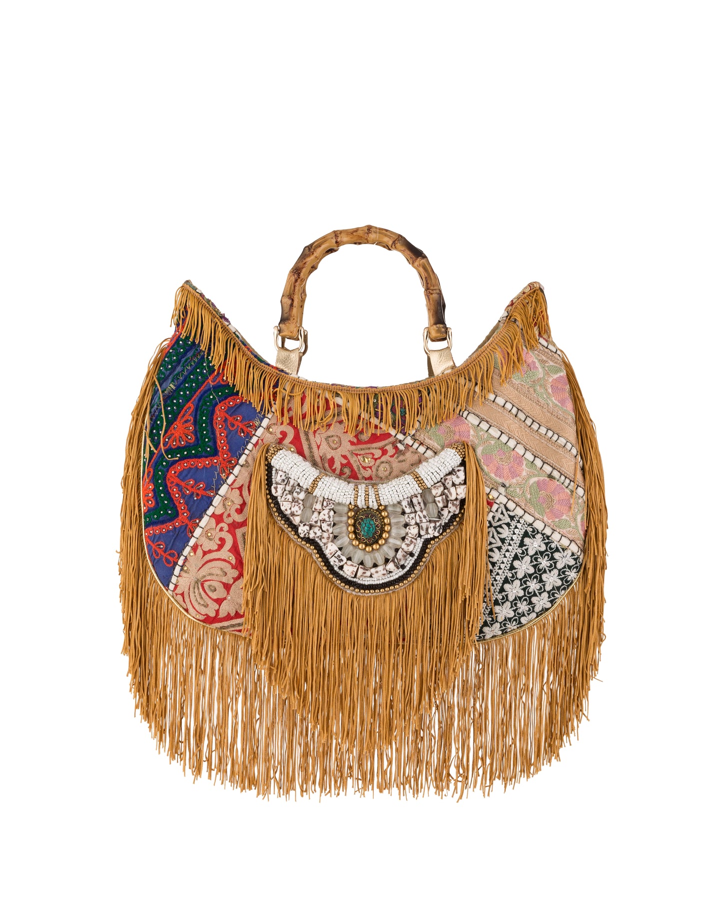 Boho Shopper mit Fransen, Patchwork & Bambusgriffen - Taschen