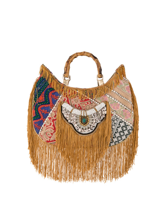Boho Shopper mit Fransen, Patchwork & Bambusgriffen - Taschen
