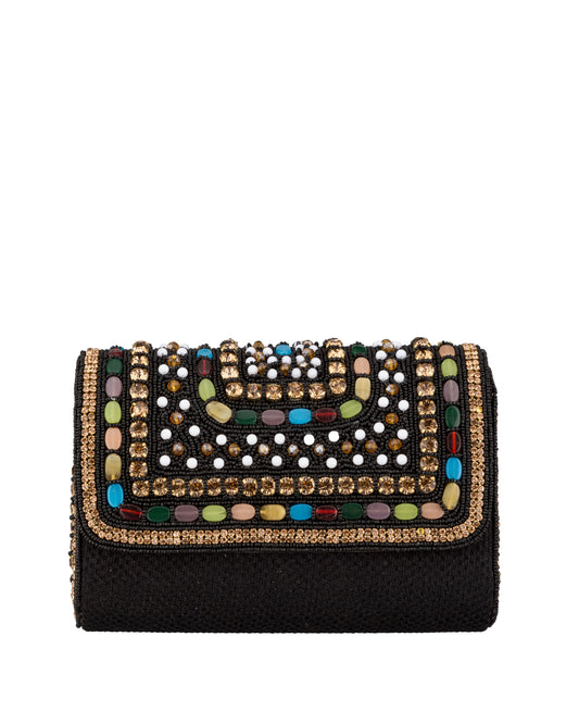Abendtasche mit bunter Perlen- und Strassverzierung in Schwarz - Taschen