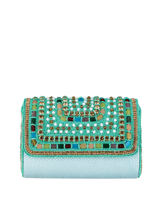 Clutch in Türkis mit bunten Perlen und Strasssteinen - Taschen