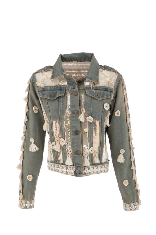 Boho Denim Jacke mit Häkel-, Pailletten- & Fransen-Details