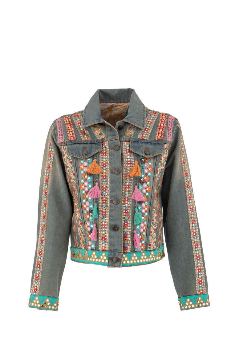 Denim Jacke mit bunter Perlenstickerei und Quasten – Boho Festival Jeansjacke
