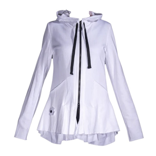 Taillierte Sweatjacke mit Kapuze und Rüschen-Saum – Weiß mit schwarzen Details - Jacke