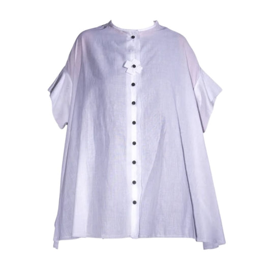 Oversize Voile Shirt mit Knopfleiste und Blütendetail – Weiß Bluse
