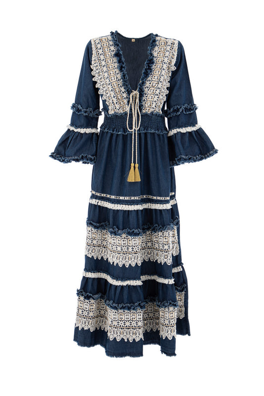 Maxikleid im Denim-Look mit Spitzenapplikationen und Volants - Kleid
