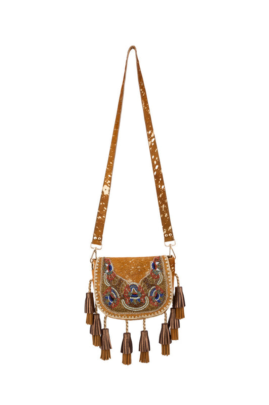 Bestickte Crossbody-Tasche im Boho-Stil mit Fransen und Perlenapplikationen - Taschen