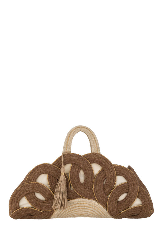 Handtasche aus geflochtenem Bast mit dekorativen Kreisen und Quaste - Taschen