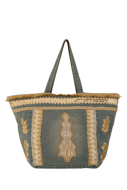 Shopper Tasche aus Jeans mit goldener Stickerei und Boho-Details - Taschen