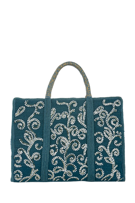 Luxuriöse Handtasche in Petrol mit Pailletten-Stickerei - Taschen