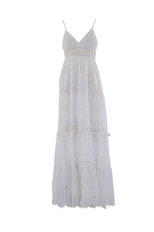 Weißes Maxikleid mit Spitze und Lochstickerei - Kleid