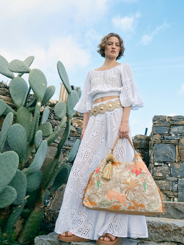 Zweiteiliges Boho-Set aus weißer Lochstickerei mit weitem Hose und Crop-Oberteil - Zweiteiler