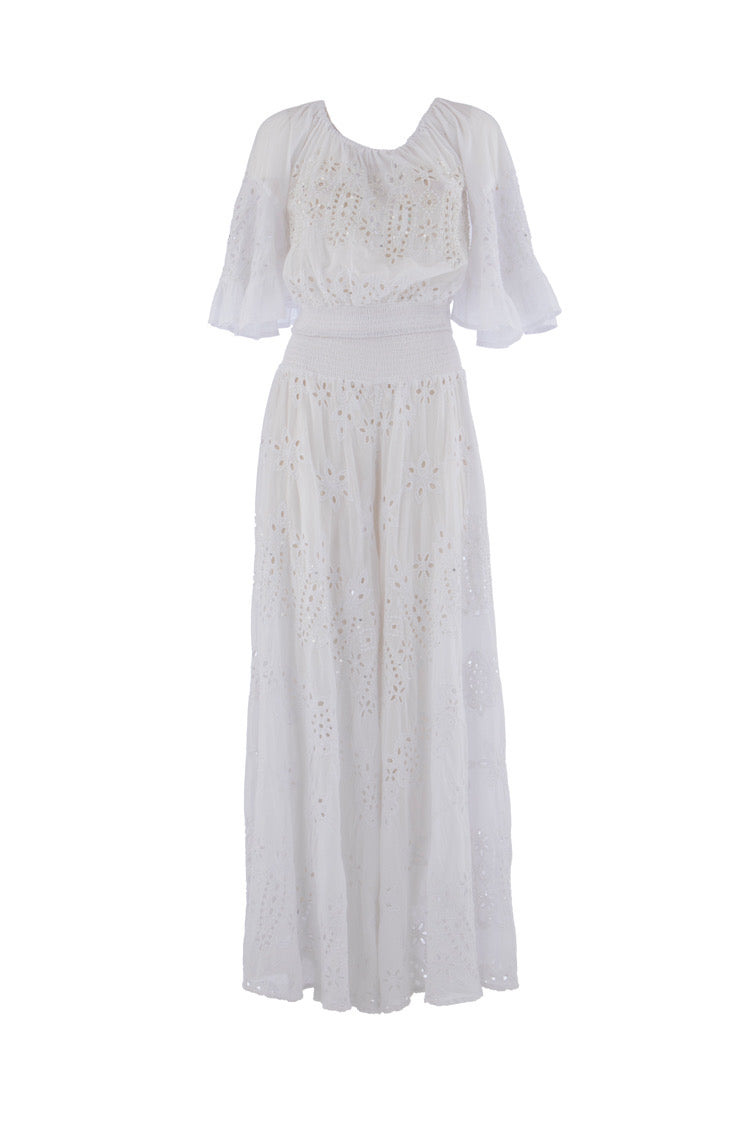 Zweiteiliges Boho-Set aus weißer Lochstickerei mit weitem Hose und Crop-Oberteil - Zweiteiler