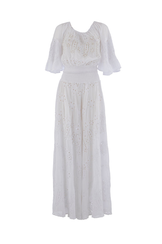 Zweiteiliges Boho-Set aus weißer Lochstickerei mit weitem Hose und Crop-Oberteil - Zweiteiler