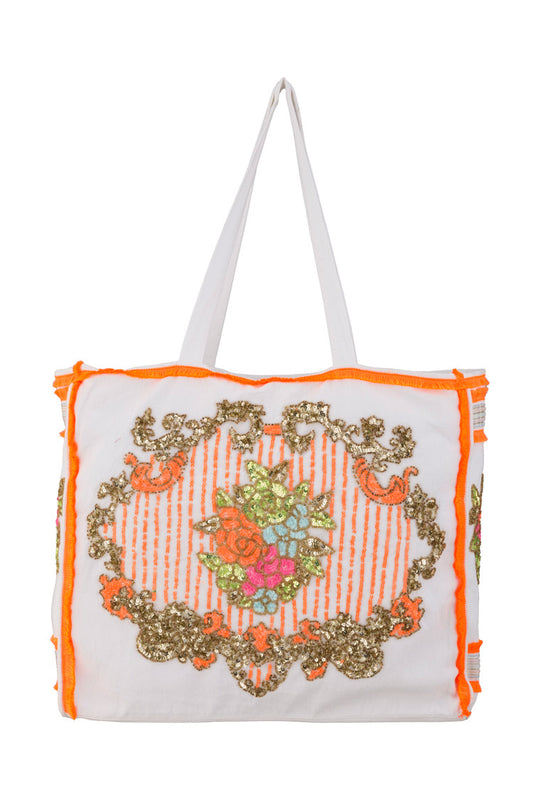 Weiße Canvas Tote Bag mit floraler Paillettenstickerei und neonorangen Details – Beach Shopper - Taschen