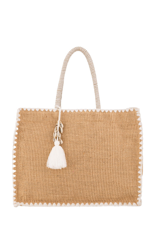 Strandtasche aus Stroh mit Muschel- und Quastendekor – Natur/Weiß - Taschen
