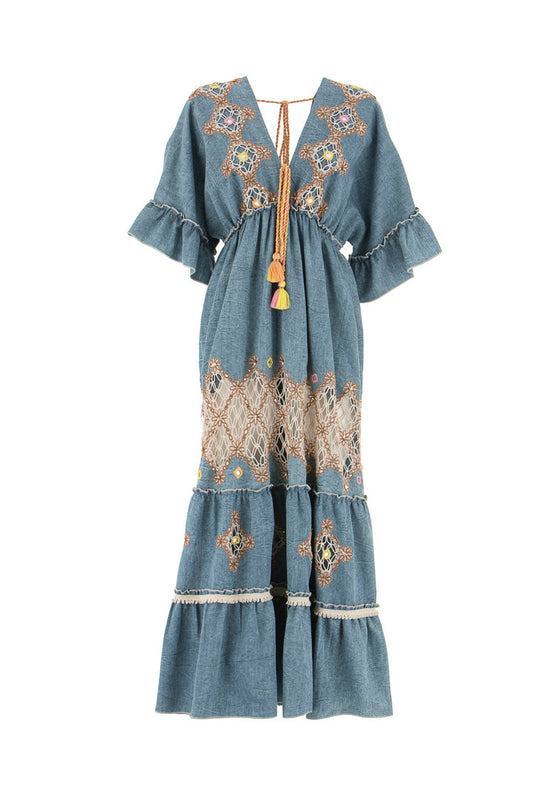 Maxikleid im Boho-Stil mit farbenfroher Stickerei und Quasten-Details - Kleid