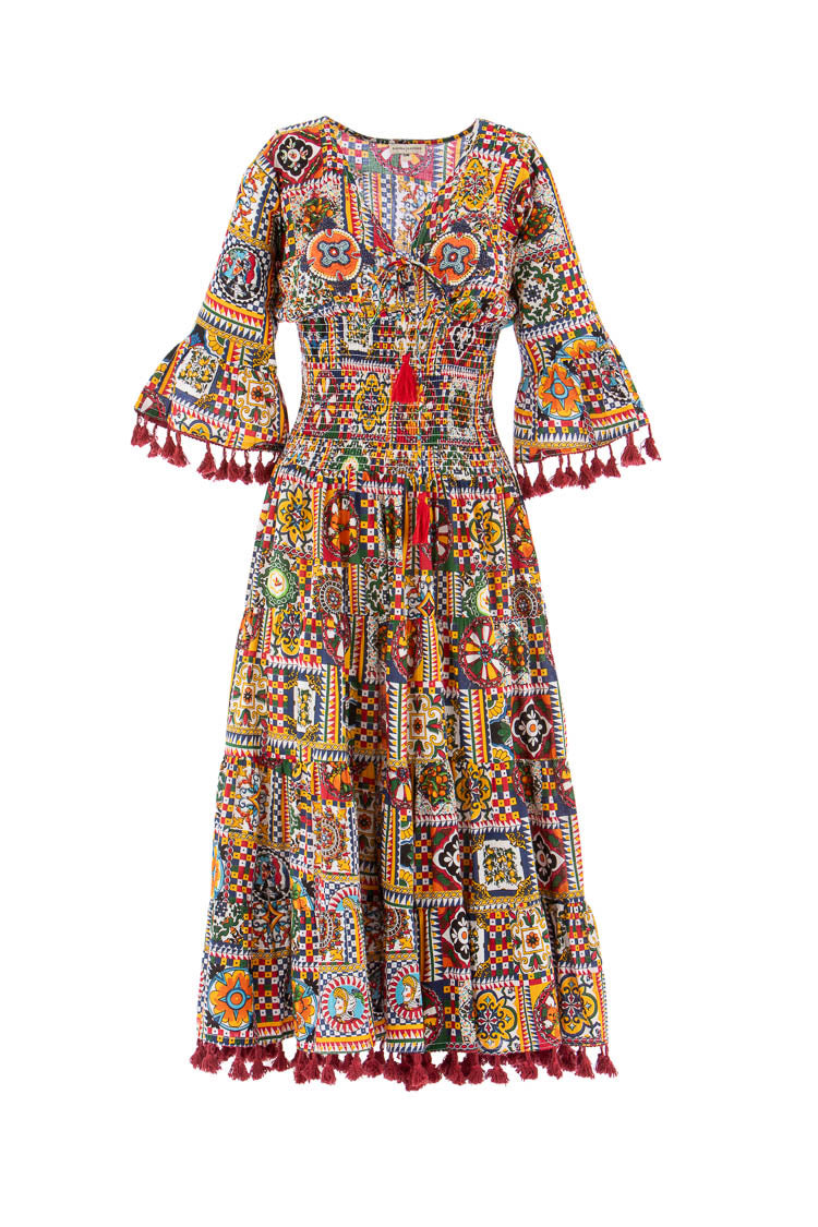 Boho Midikleid mit folkloristischem Patchwork-Print und Quasten - Kleid