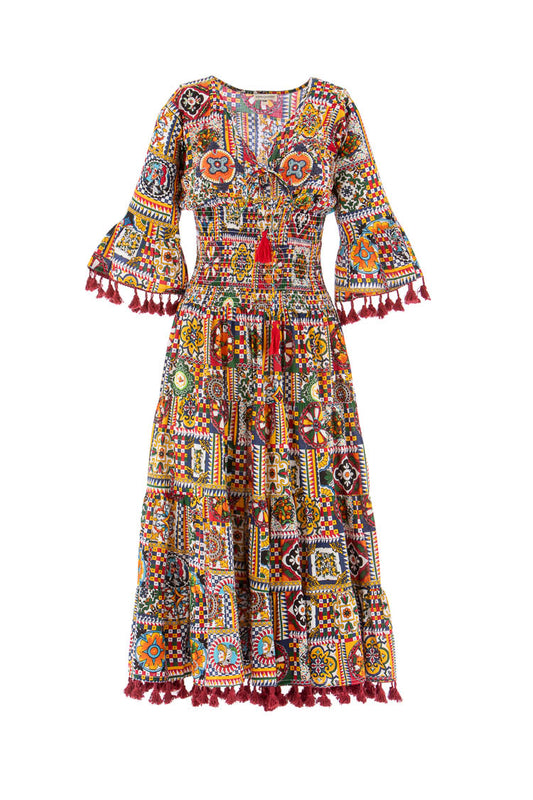 Boho Midikleid mit folkloristischem Patchwork-Print und Quasten - Kleid
