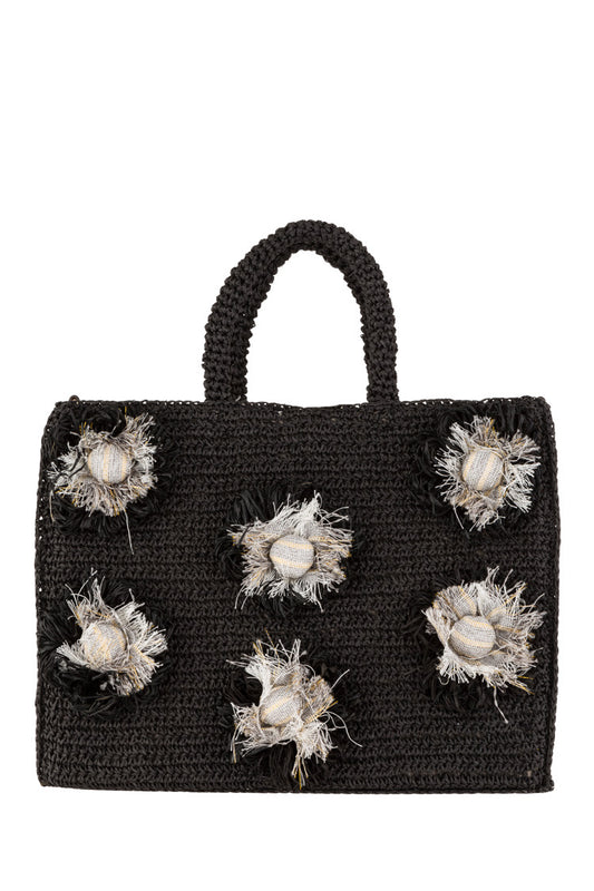 Schwarze gehäkelte Handtasche mit dekorativen Blüten-Applikationen - Taschen