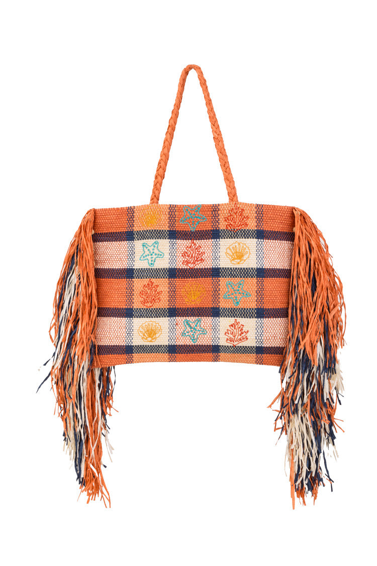 Geflochtene Bast-Strandtasche mit Karomuster, Meeresmotiven und Fransen - Taschen